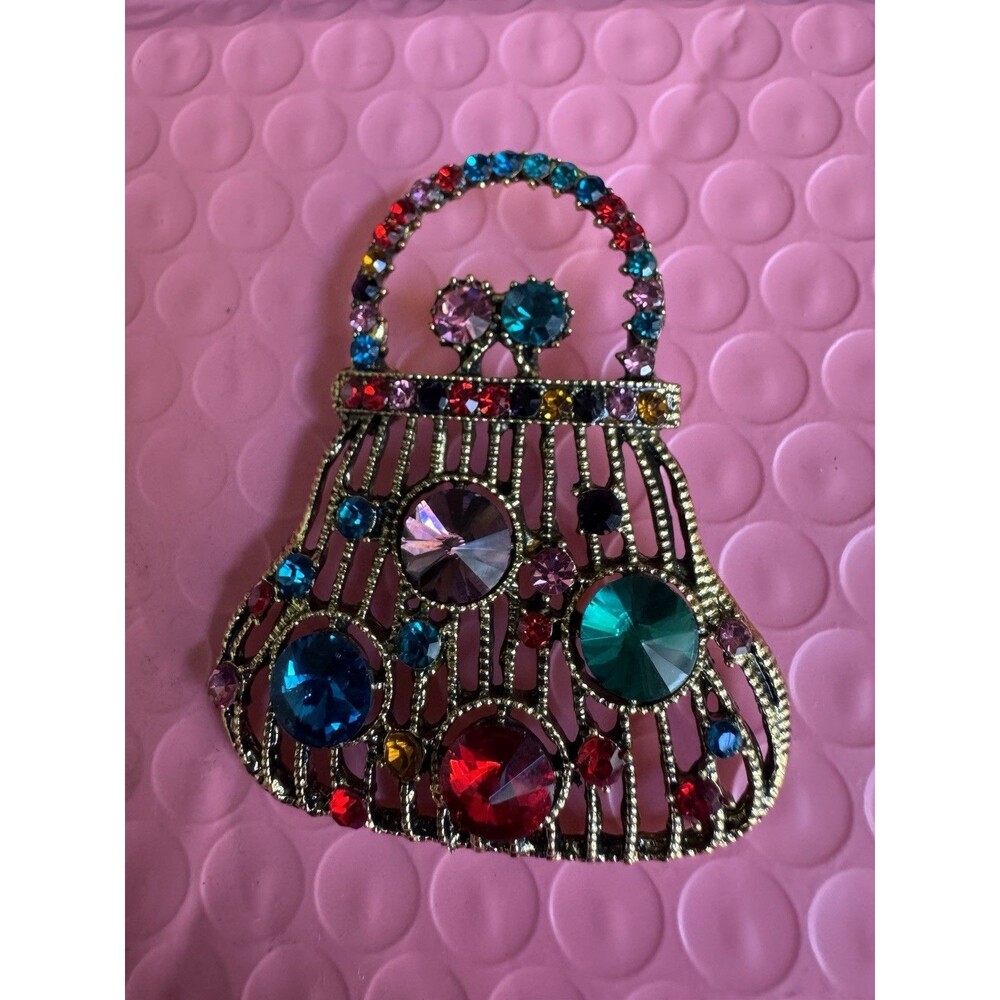 Vintage Colorful Rhinestone Purse Handbag Brooch Pin Gold Tone Large Statement